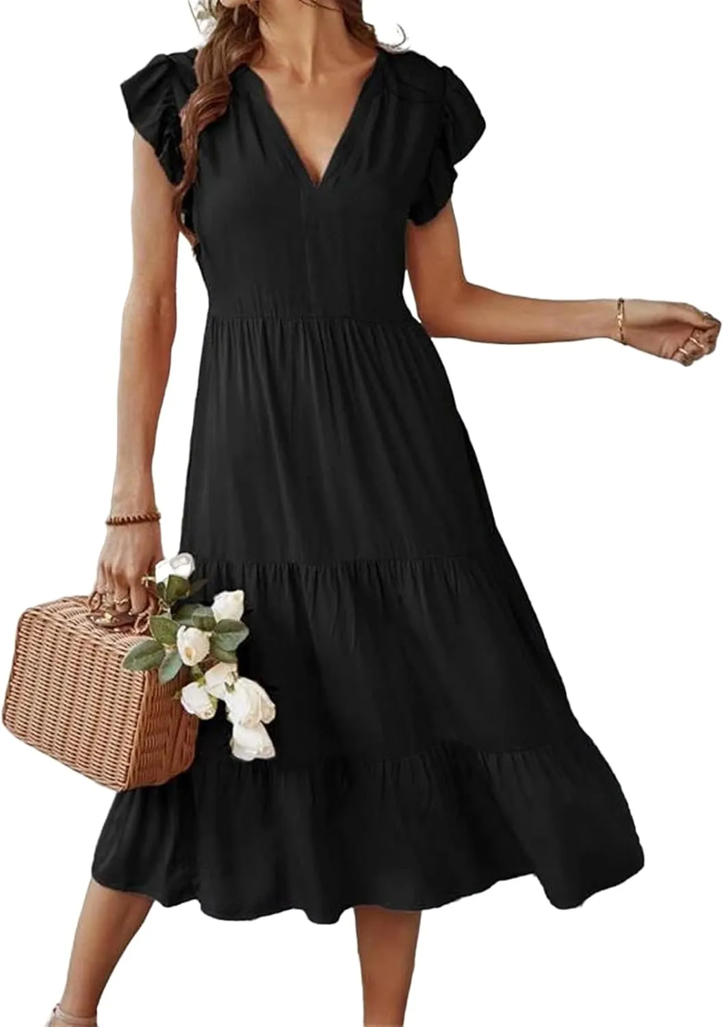 Women's Flowy Midi Dress Summer Loose Casual Long Skirt Solid Color V-Neck Lotus Sleeve Date Night Outfit Comfy Dress