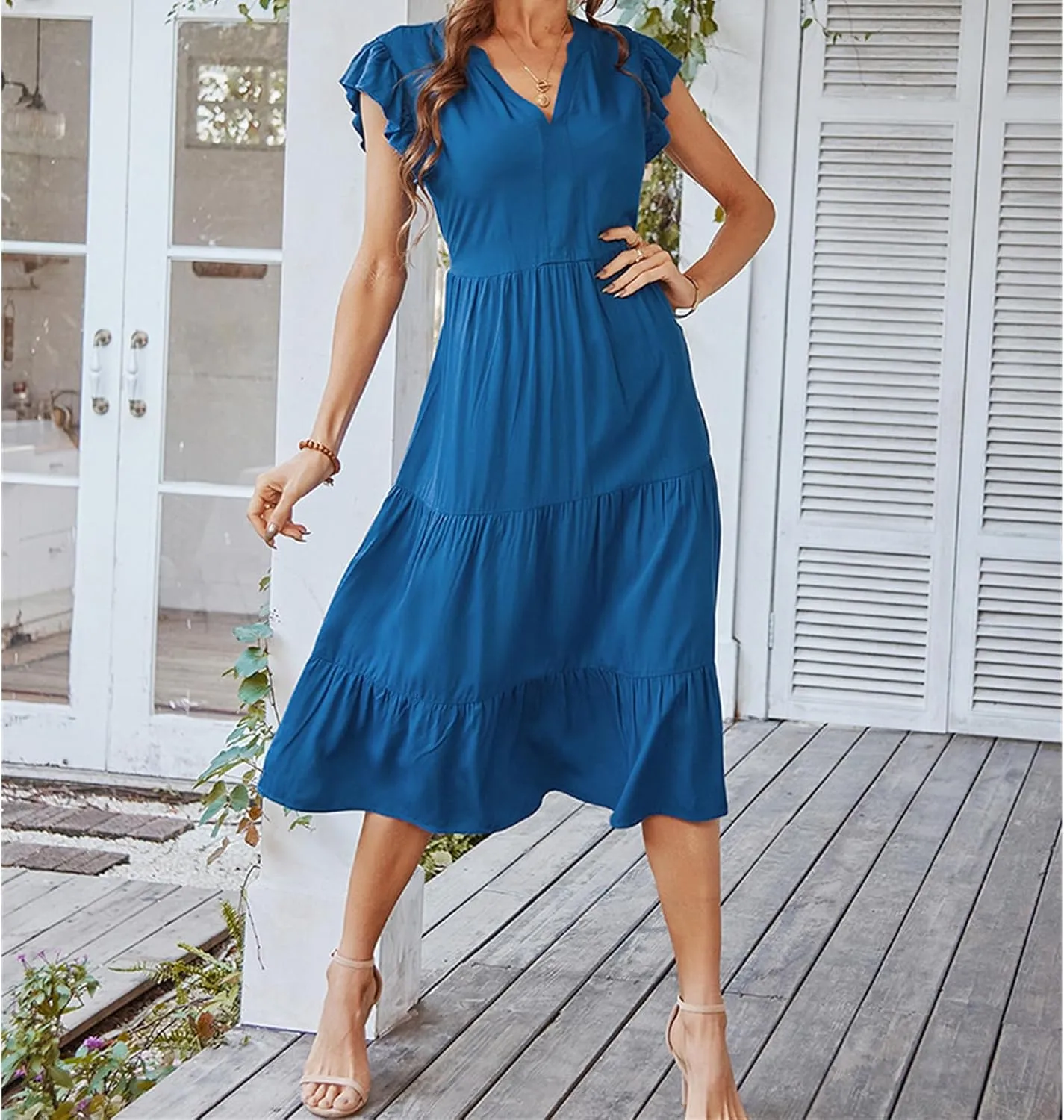 Women's Flowy Midi Dress Summer Loose Casual Long Skirt Solid Color V-Neck Lotus Sleeve Date Night Outfit Comfy Dress