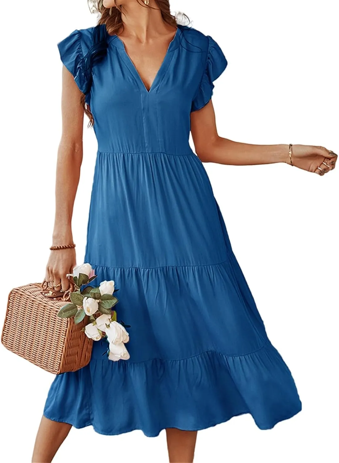 Women's Flowy Midi Dress Summer Loose Casual Long Skirt Solid Color V-Neck Lotus Sleeve Date Night Outfit Comfy Dress