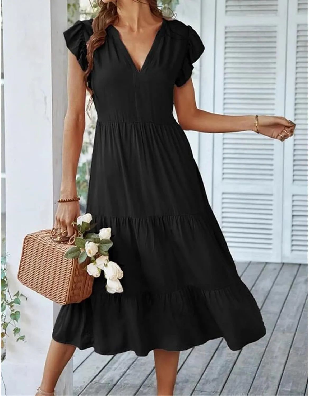 Women's Flowy Midi Dress Summer Loose Casual Long Skirt Solid Color V-Neck Lotus Sleeve Date Night Outfit Comfy Dress