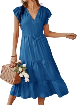 Women's Flowy Midi Dress Summer Loose Casual Long Skirt Solid Color V-Neck Lotus Sleeve Date Night Outfit Comfy Dress