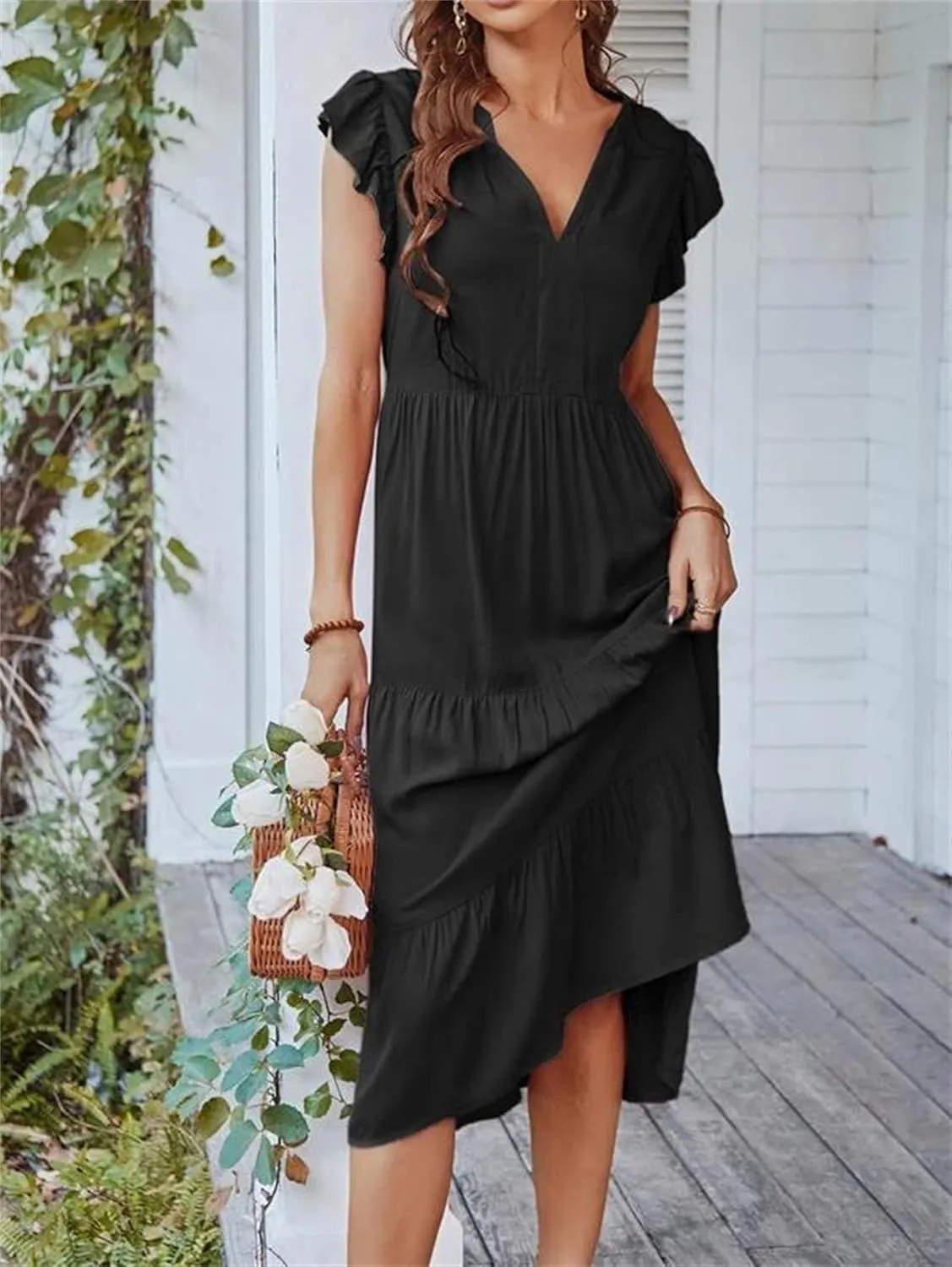 Women's Flowy Midi Dress Summer Loose Casual Long Skirt Solid Color V-Neck Lotus Sleeve Date Night Outfit Comfy Dress