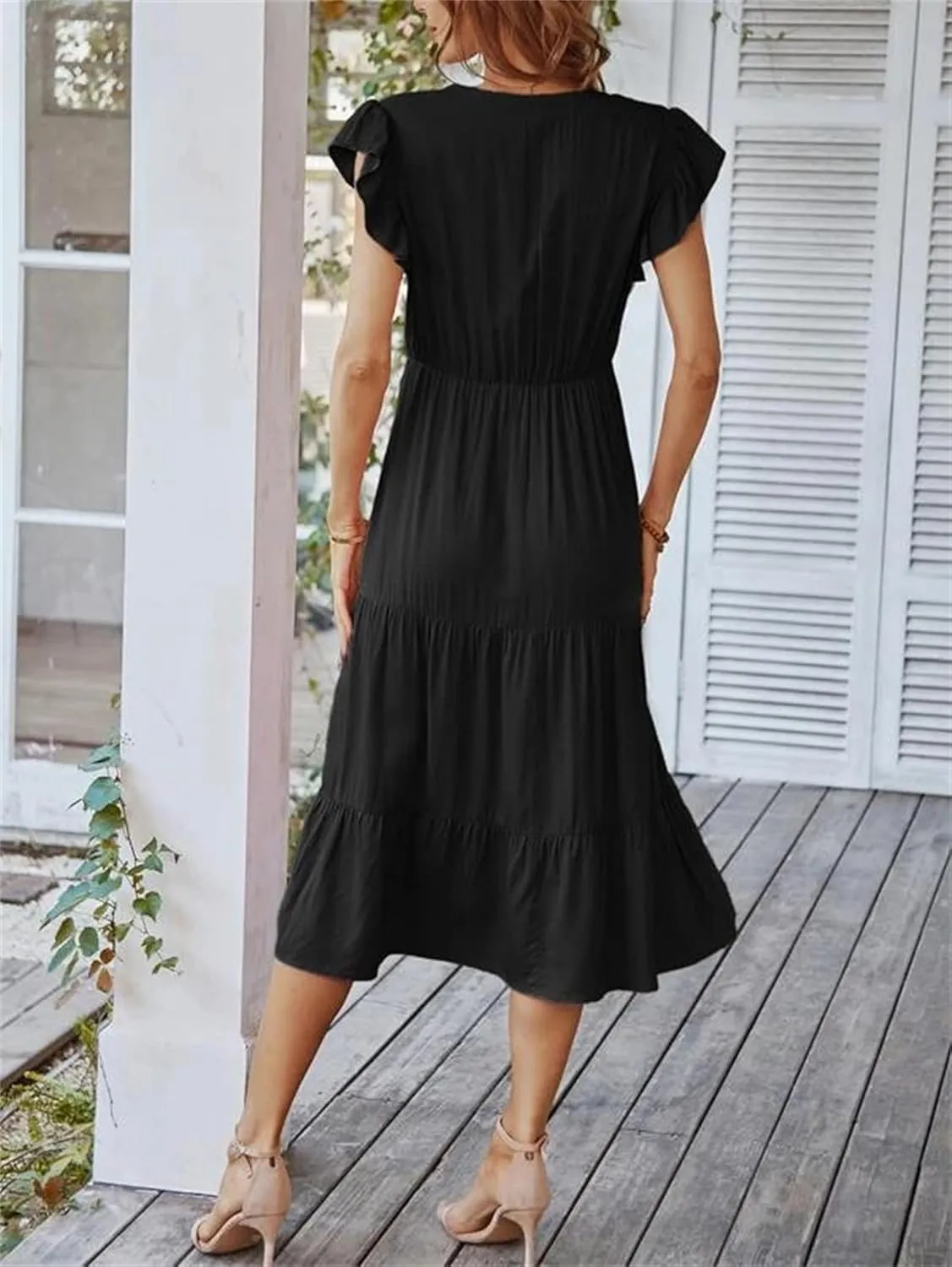 Women's Flowy Midi Dress Summer Loose Casual Long Skirt Solid Color V-Neck Lotus Sleeve Date Night Outfit Comfy Dress