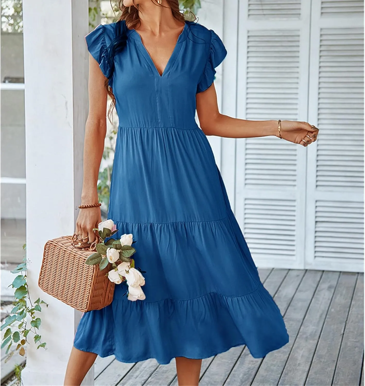 Women's Flowy Midi Dress Summer Loose Casual Long Skirt Solid Color V-Neck Lotus Sleeve Date Night Outfit Comfy Dress