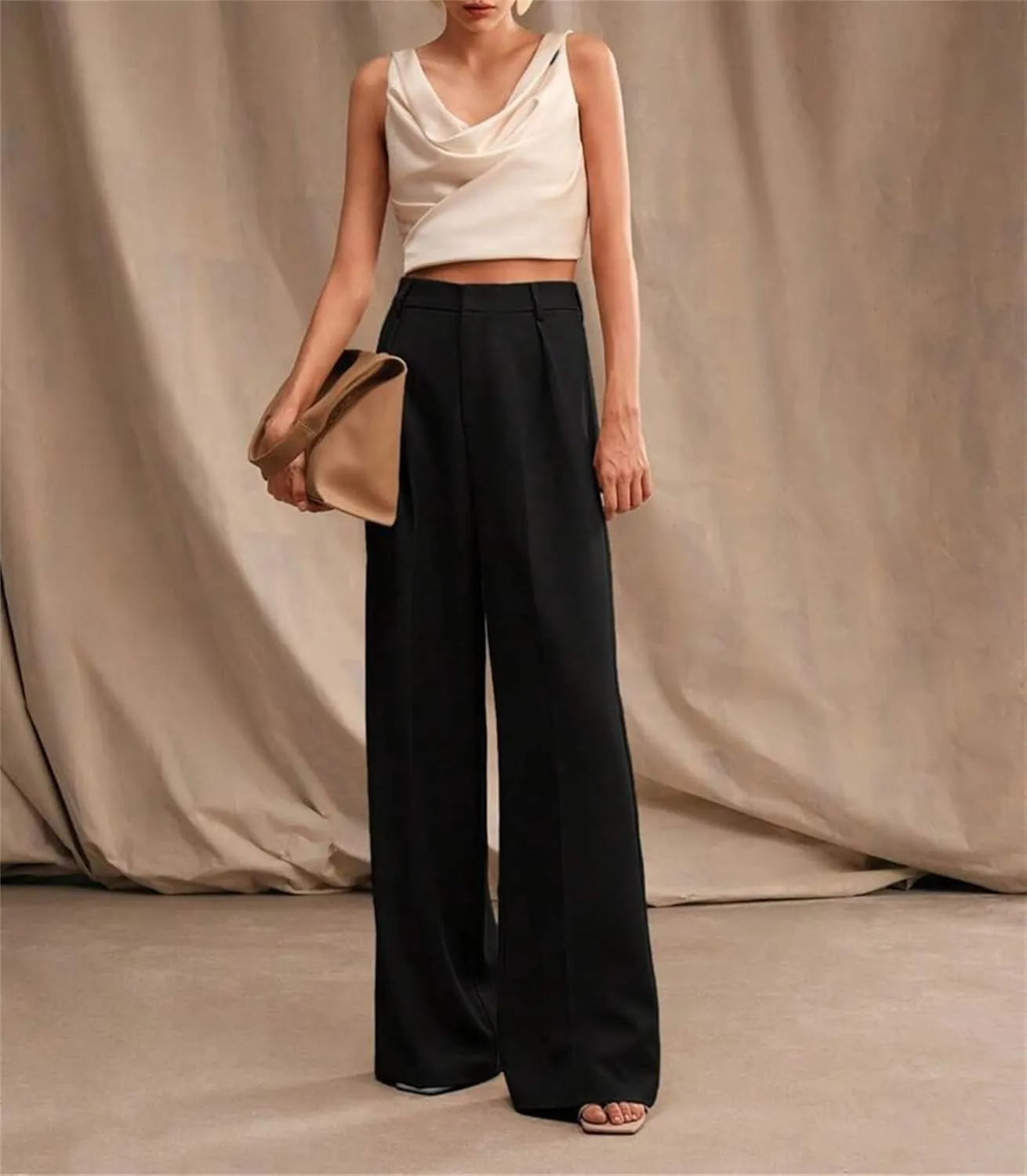Women's High Waist Casual Wide Leg Palazzo Pants Business Work Trousers Long Straight Suit Pants Flowy Trousers with Pockets