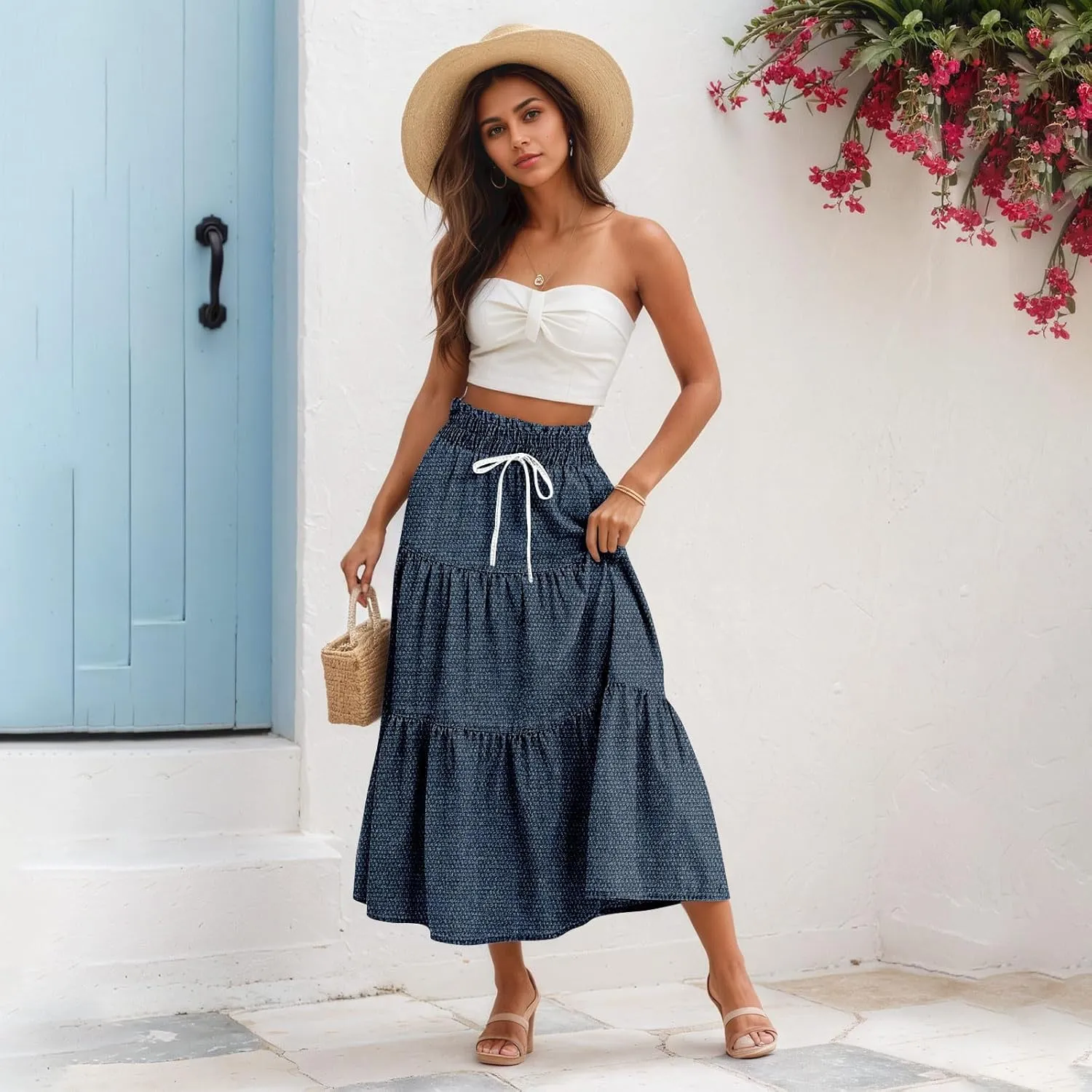 Women's High Waist Long Maxi Skirt Denim Print Flowy Boho A Line Summer Casual Beach Long Skirts