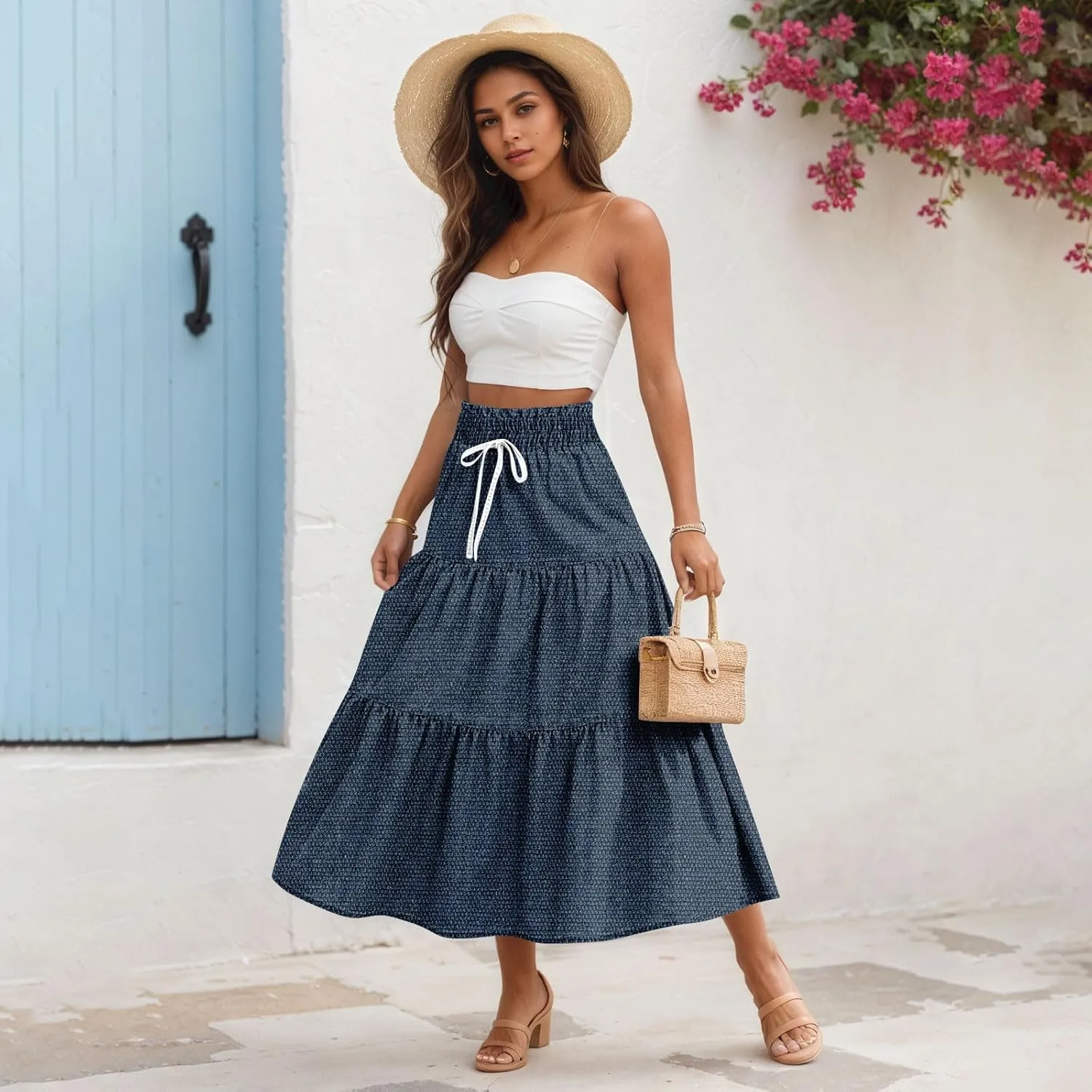 Women's High Waist Long Maxi Skirt Denim Print Flowy Boho A Line Summer Casual Beach Long Skirts