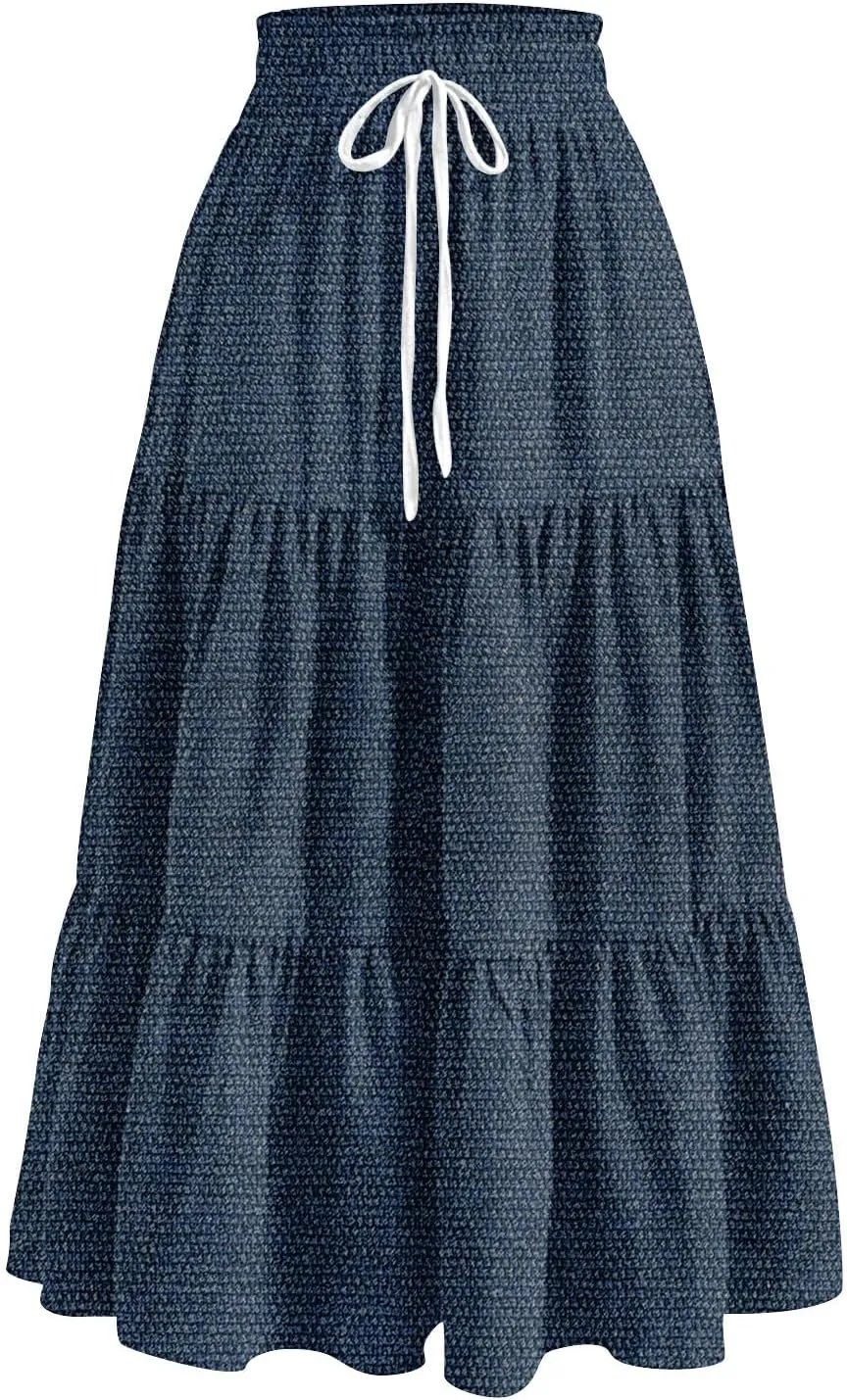 Women's High Waist Long Maxi Skirt Denim Print Flowy Boho A Line Summer Casual Beach Long Skirts