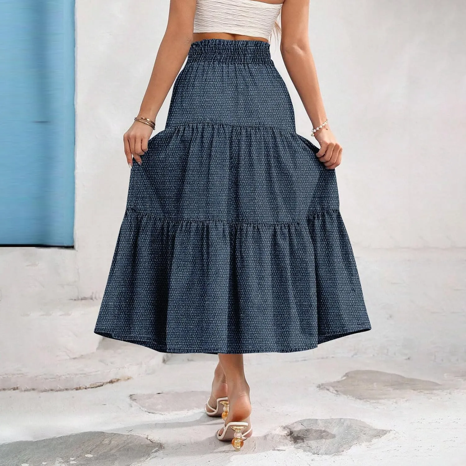 Women's High Waist Long Maxi Skirt Denim Print Flowy Boho A Line Summer Casual Beach Long Skirts