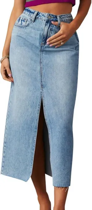 Womens High Waisted Jean Skirt Casual Front Split Blue Frayed Hem Pencil Midi Denim Skirt