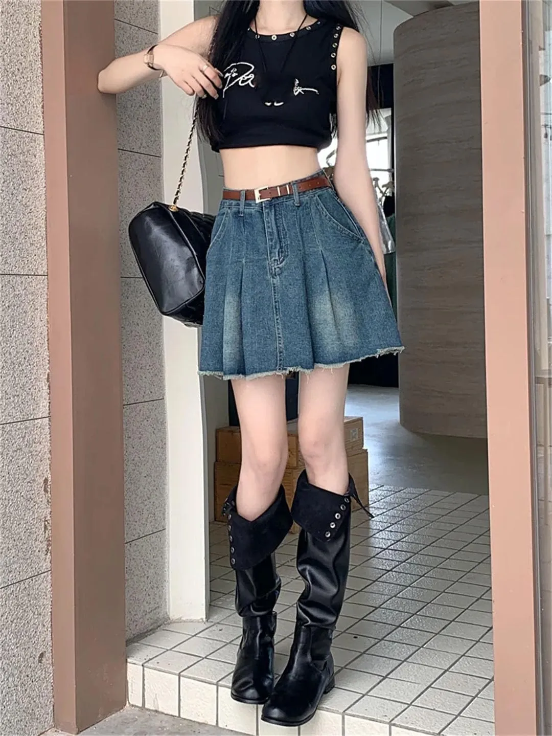 Women's High Waisted Retro Denim Skirt for A-Line Temperament, and Slim Short Skirt