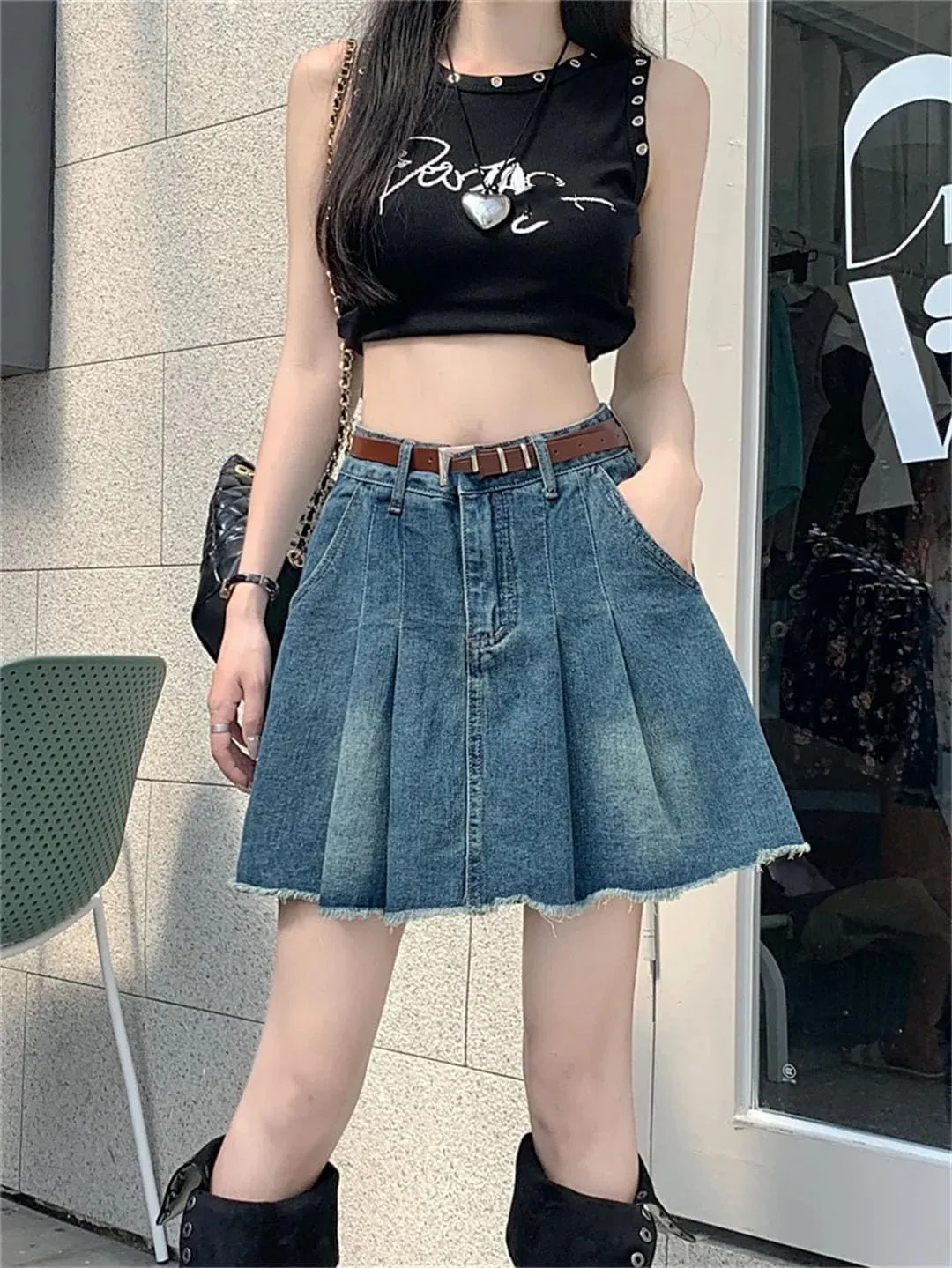 Women's High Waisted Retro Denim Skirt for A-Line Temperament, and Slim Short Skirt