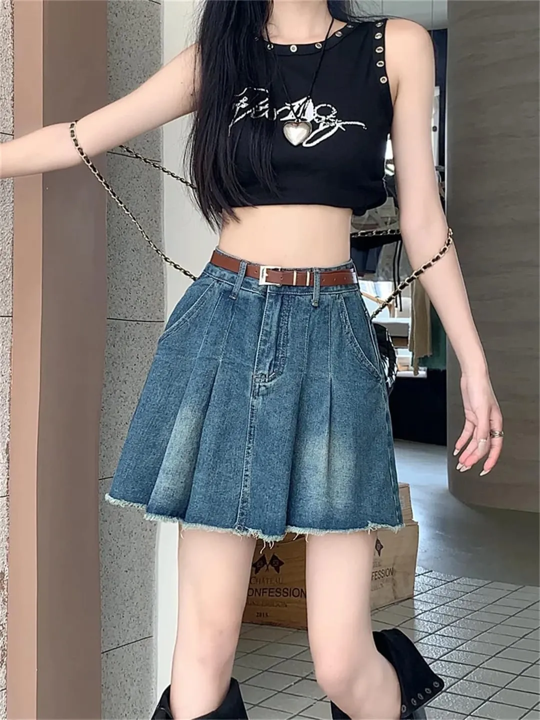 Women's High Waisted Retro Denim Skirt for A-Line Temperament, and Slim Short Skirt