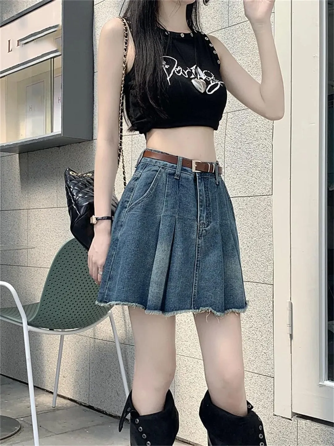 Women's High Waisted Retro Denim Skirt for A-Line Temperament, and Slim Short Skirt