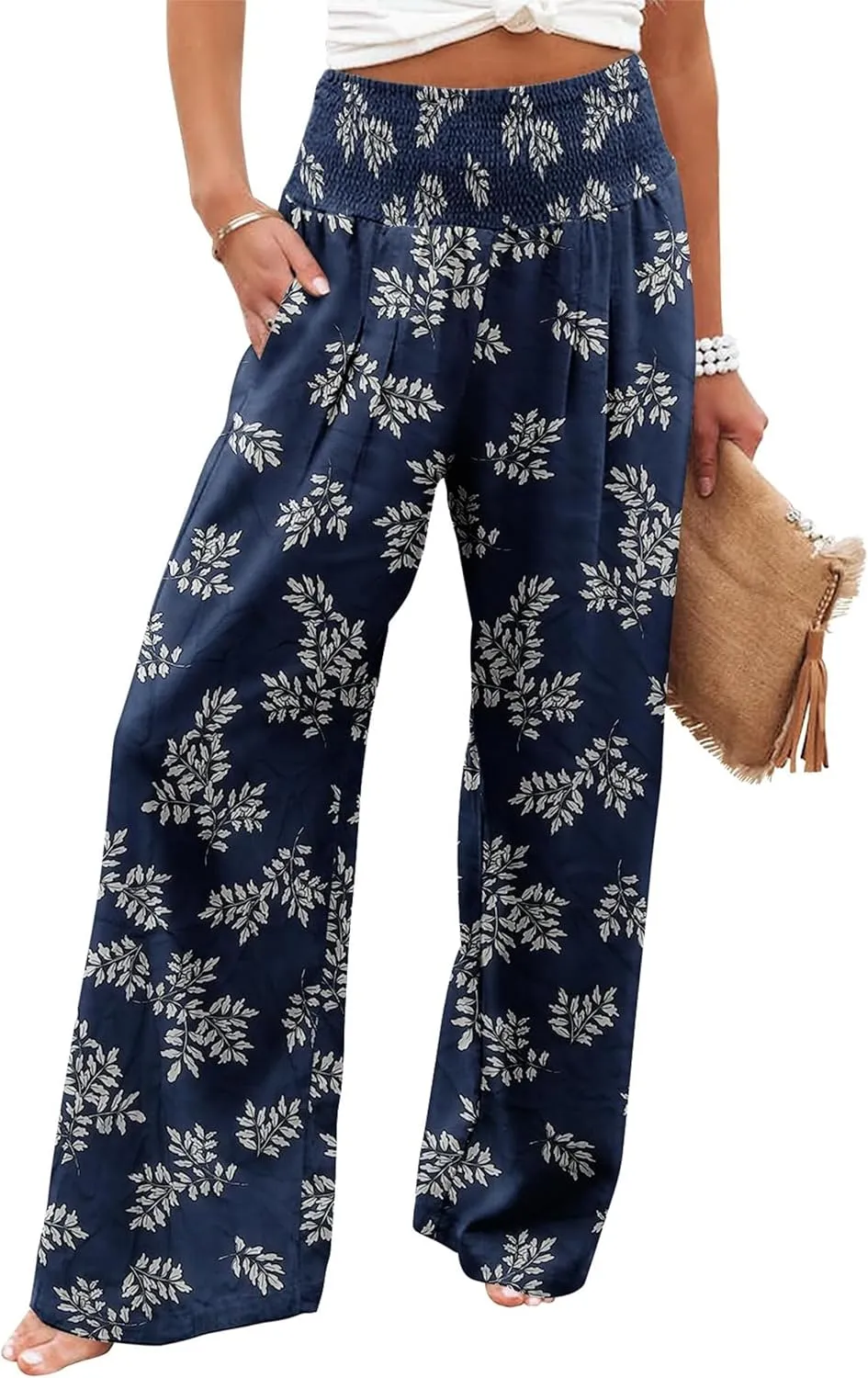Womens High Waisted Wide Leg Palazzo Pants Casual Lounge Boho Flowy Pants with Pockets