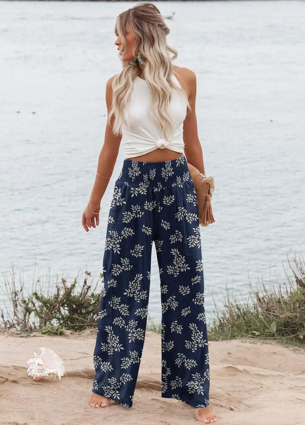Womens High Waisted Wide Leg Palazzo Pants Casual Lounge Boho Flowy Pants with Pockets