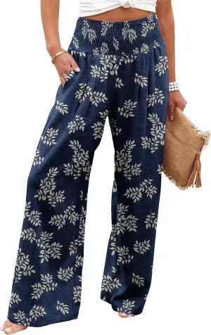Womens High Waisted Wide Leg Palazzo Pants Casual Lounge Boho Flowy Pants with Pockets
