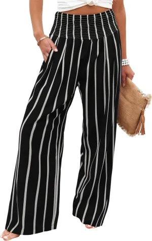 Womens High Waisted Wide Leg Palazzo Pants Casual Lounge Boho Flowy Pants with Pockets