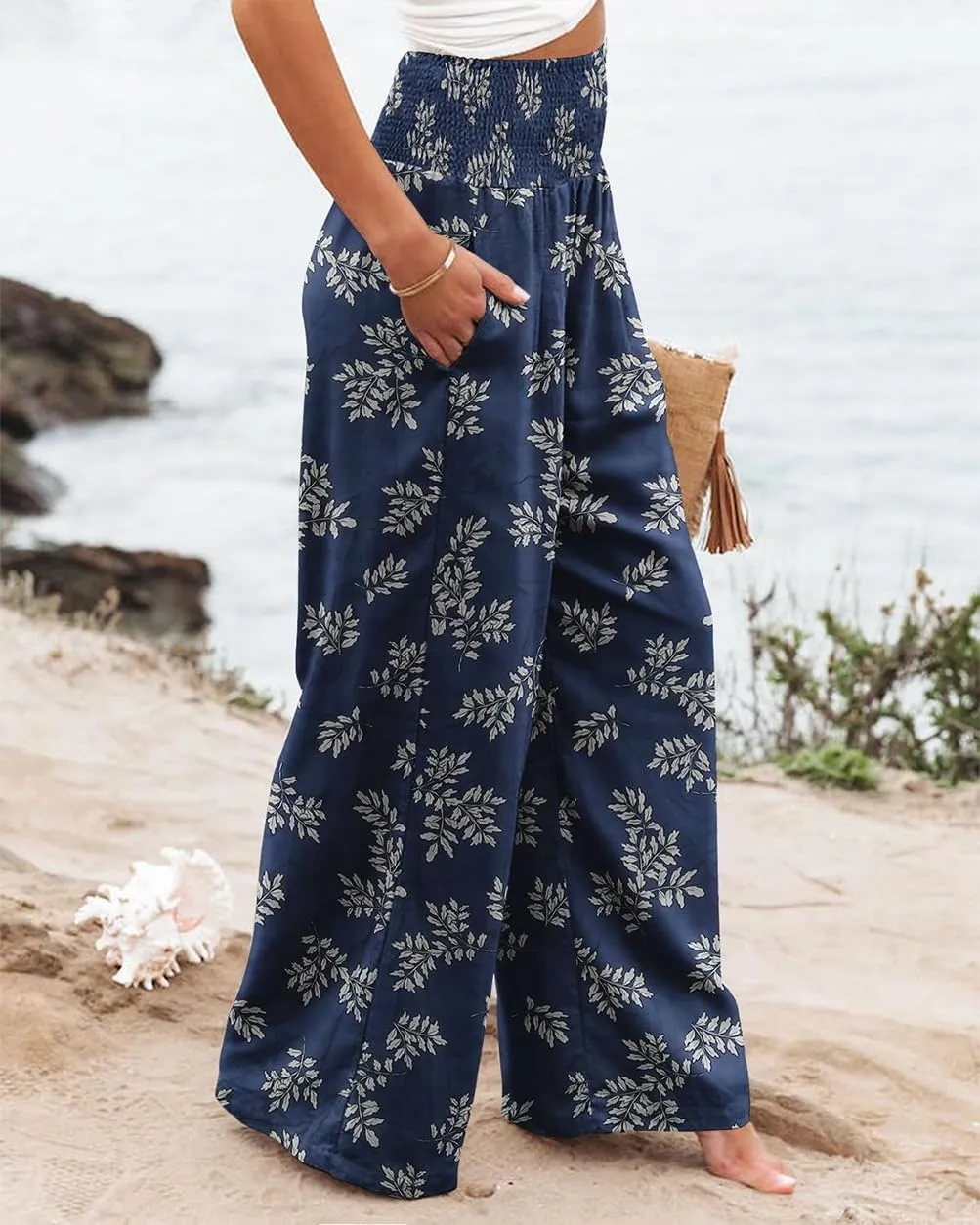 Womens High Waisted Wide Leg Palazzo Pants Casual Lounge Boho Flowy Pants with Pockets