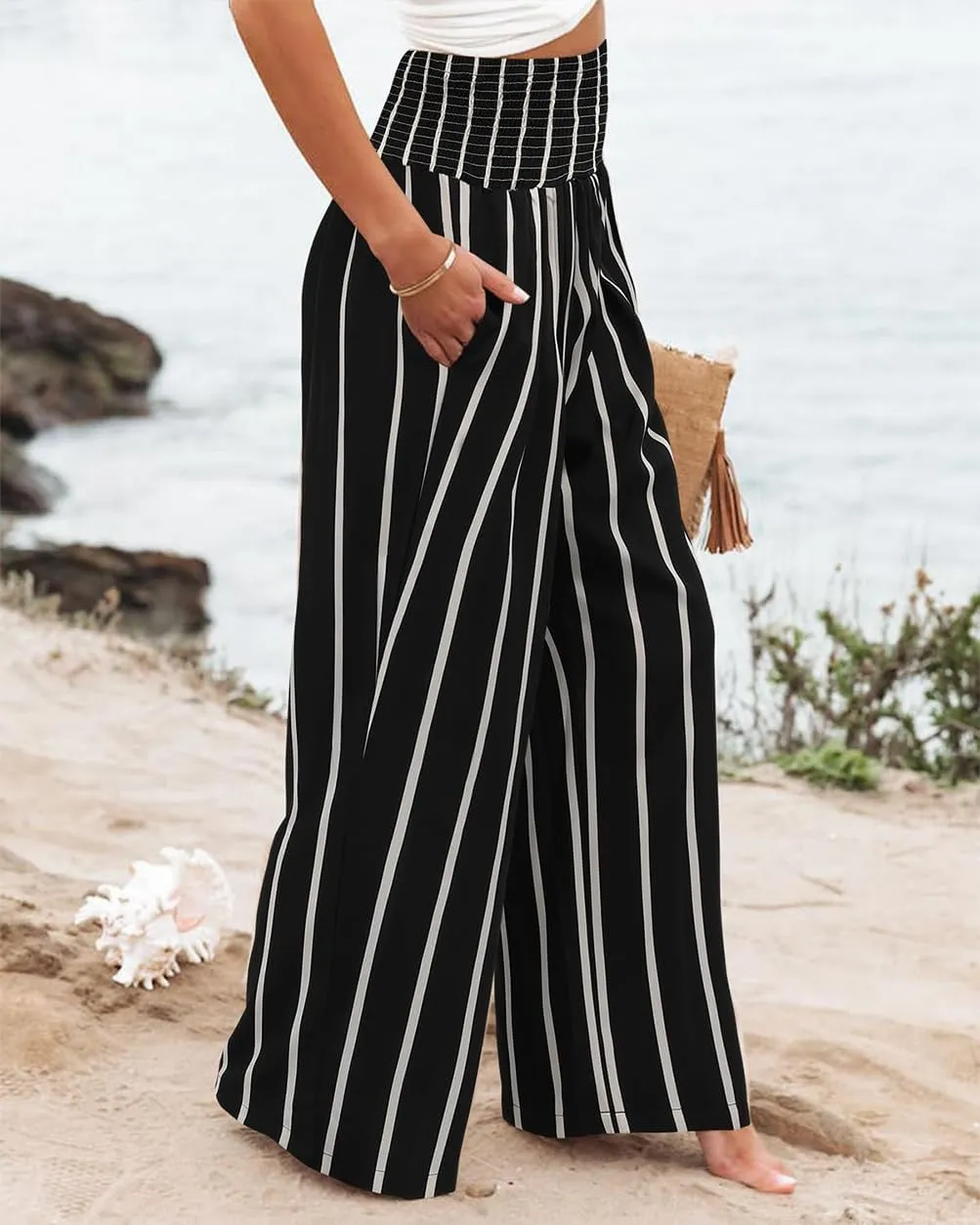Womens High Waisted Wide Leg Palazzo Pants Casual Lounge Boho Flowy Pants with Pockets