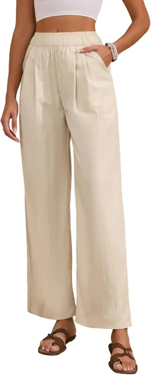 Women's High Waisted Wide Leg Pants 2025 Summer Casual Palazzo Pants Lounge Flowy Beach Trousers with Pockets