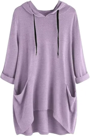 Women's Hooded Solid Color Loose Sweatshirt Irregular Pocket Top, Oversized Ladies Tops Long Sleeve