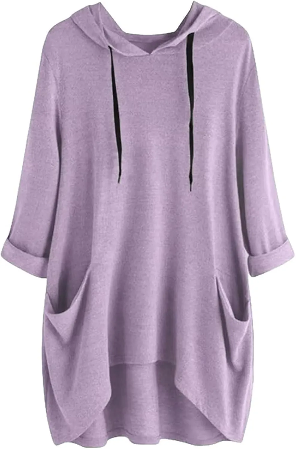 Women's Hooded Solid Color Loose Sweatshirt Irregular Pocket Top, Oversized Ladies Tops Long Sleeve