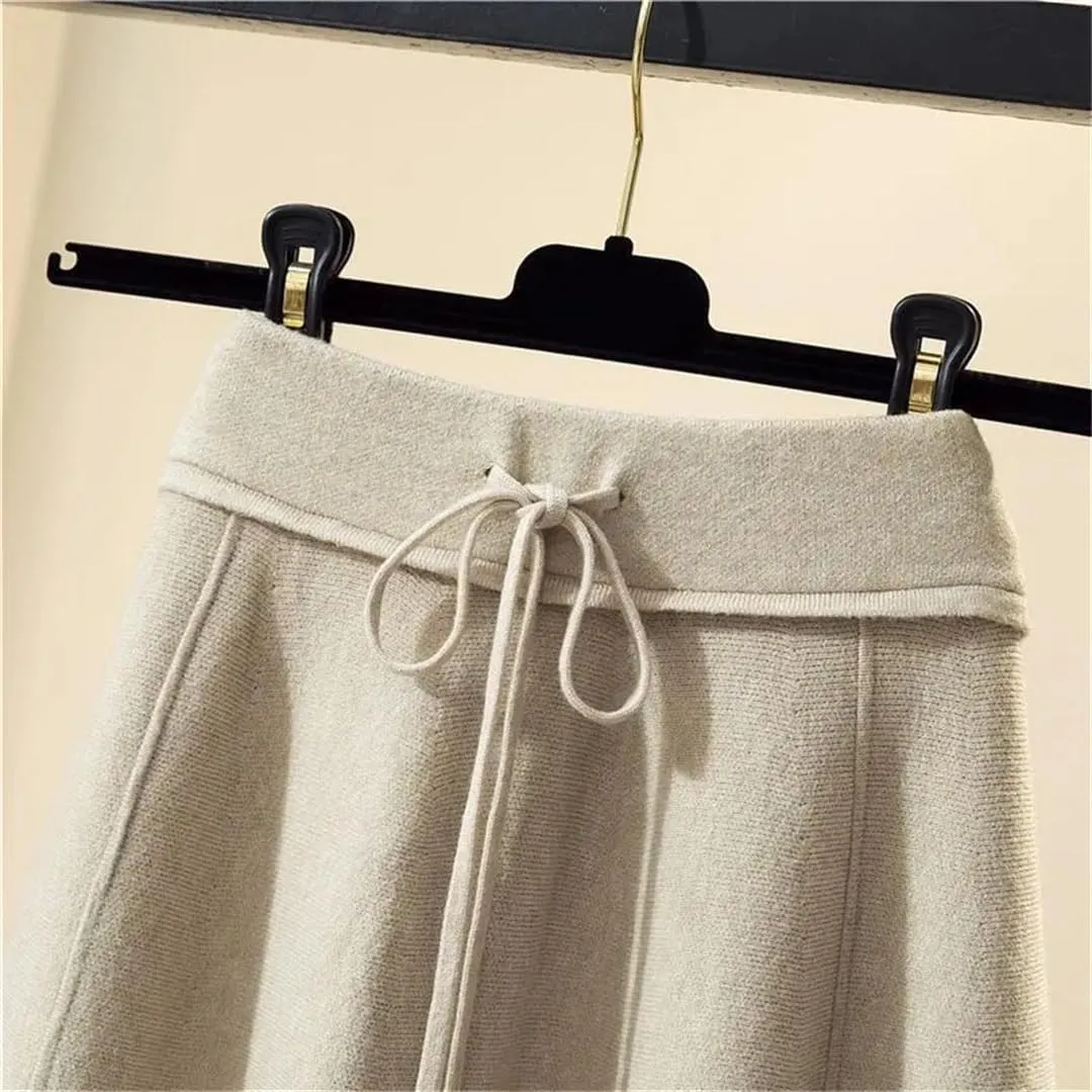 Women's Knitted Skirt Solid Color Stretch High Waist Tie Office A Line Pleated Midi Skirts