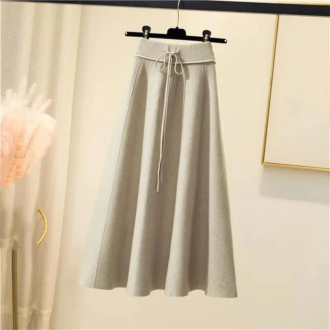 Women's Knitted Skirt Solid Color Stretch High Waist Tie Office A Line Pleated Midi Skirts
