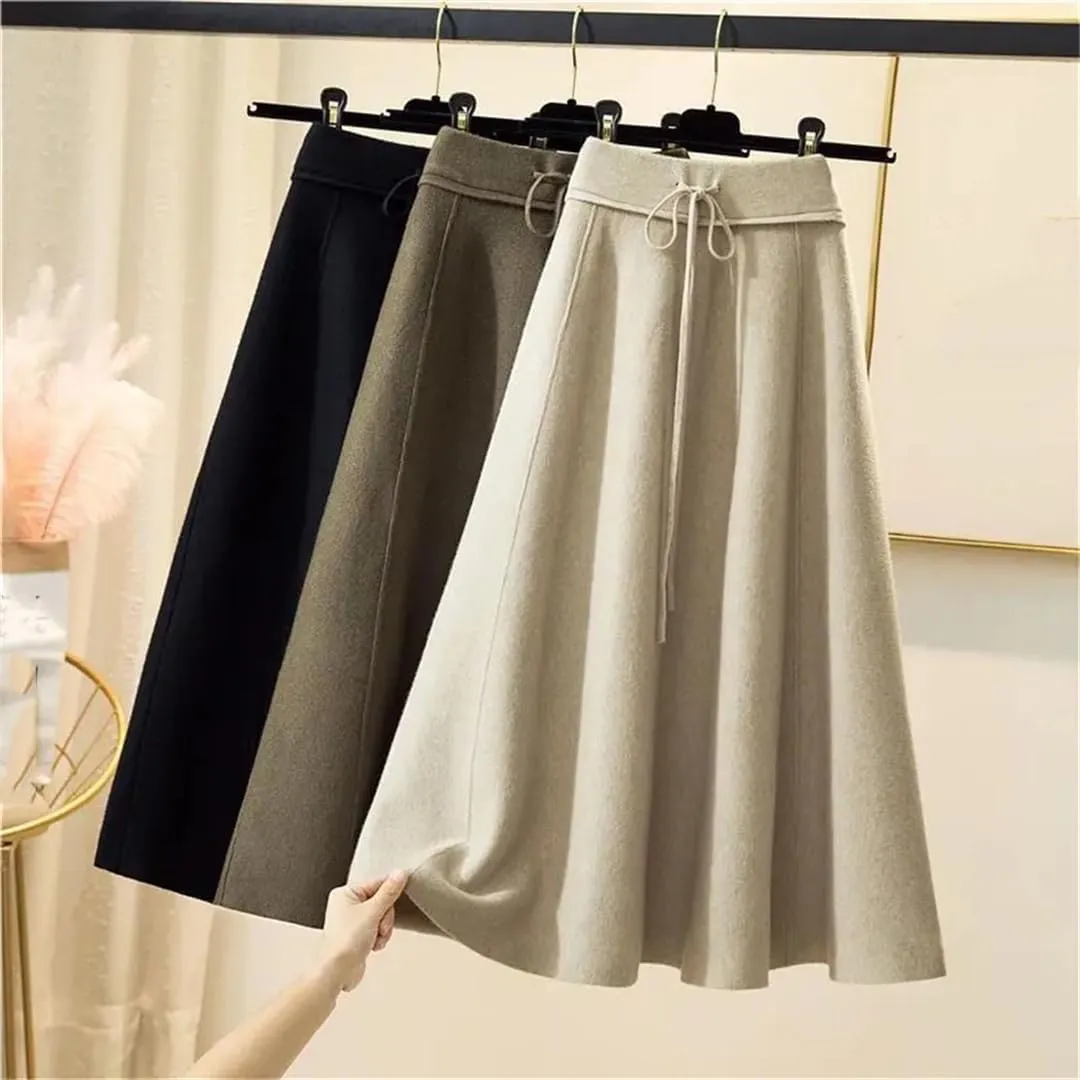 Women's Knitted Skirt Solid Color Stretch High Waist Tie Office A Line Pleated Midi Skirts