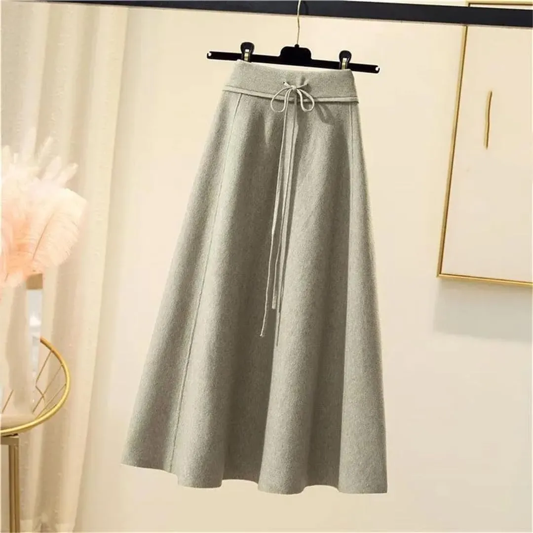 Women's Knitted Skirt Solid Color Stretch High Waist Tie Office A Line Pleated Midi Skirts