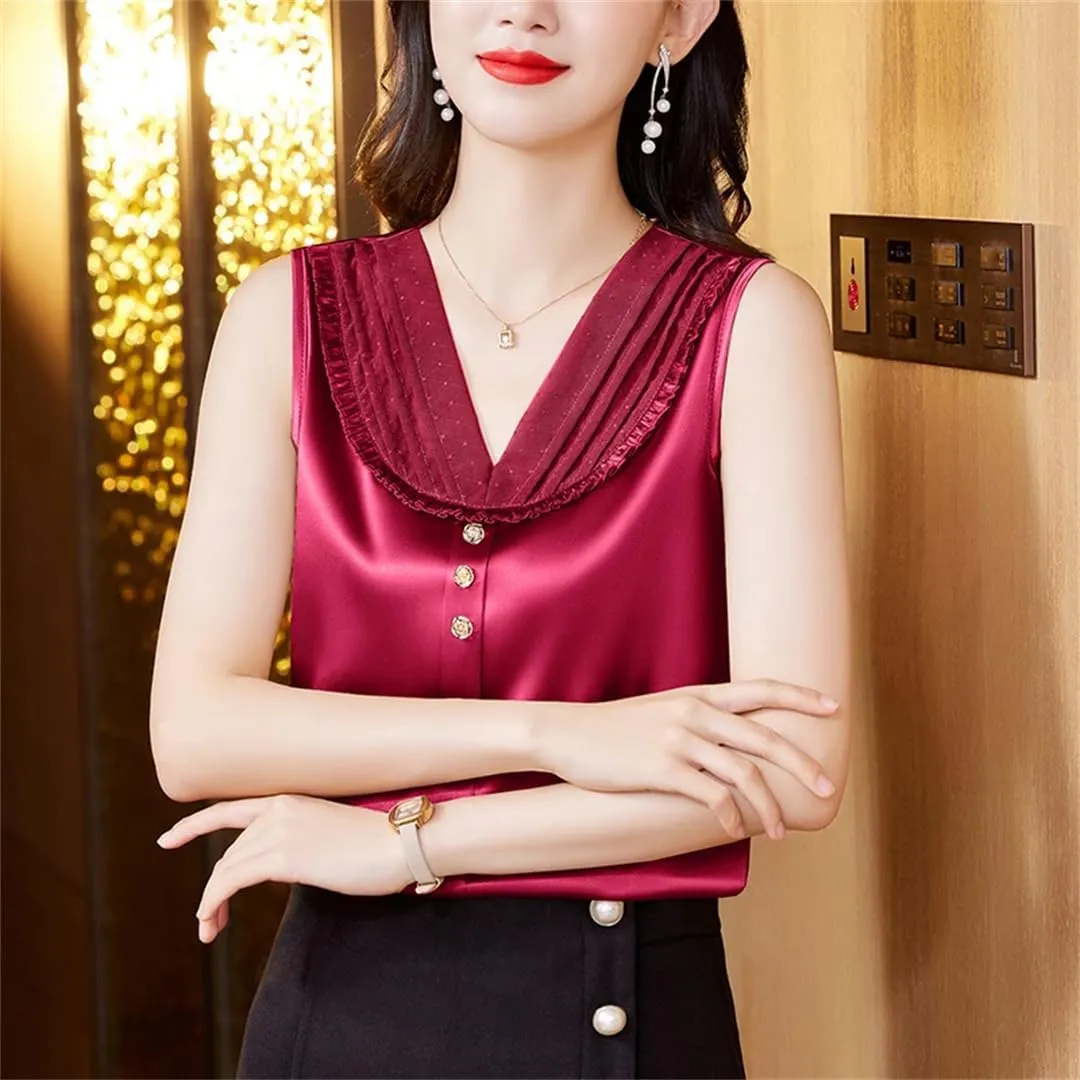 Women's Lace Tank Top Spring Summer Silk Satin Vest Shirt V Neck Casual Sleeveless Camisole