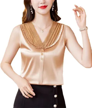 Women's Lace Tank Top Spring Summer Silk Satin Vest Shirt V Neck Casual Sleeveless Camisole