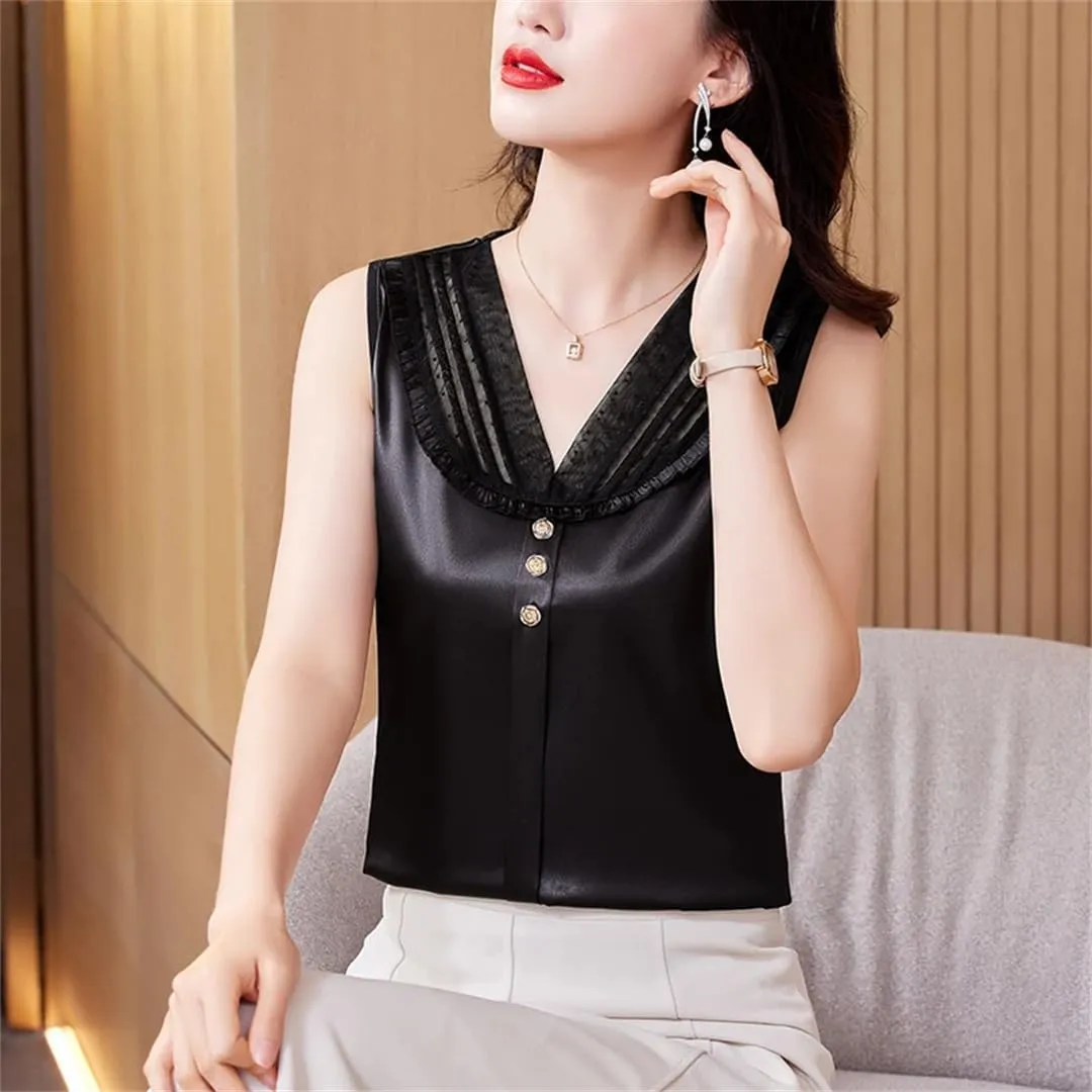 Women's Lace Tank Top Spring Summer Silk Satin Vest Shirt V Neck Casual Sleeveless Camisole