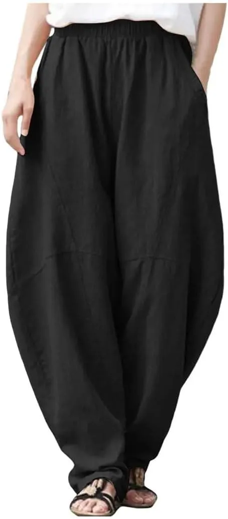 Womens Linen Harem Pants Elastic Waist Loose Fit Casual Solid Color Summer Harajuku Trousers