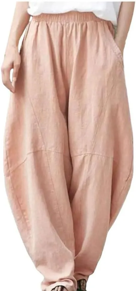 Womens Linen Harem Pants Elastic Waist Loose Fit Casual Solid Color Summer Harajuku Trousers