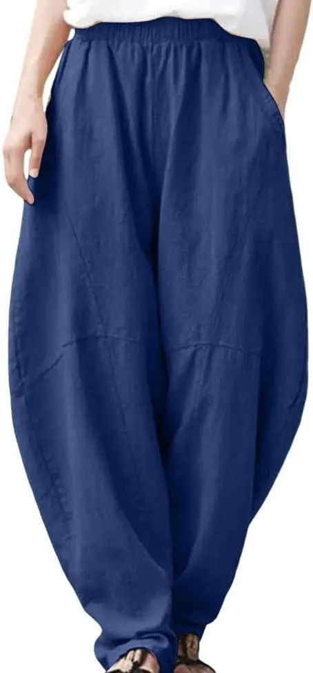 Womens Linen Harem Pants Elastic Waist Loose Fit Casual Solid Color Summer Harajuku Trousers