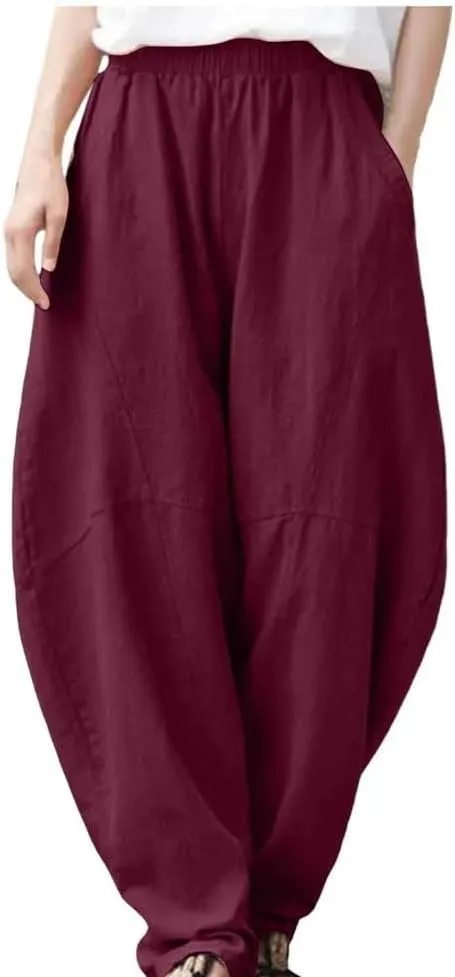 Womens Linen Harem Pants Elastic Waist Loose Fit Casual Solid Color Summer Harajuku Trousers