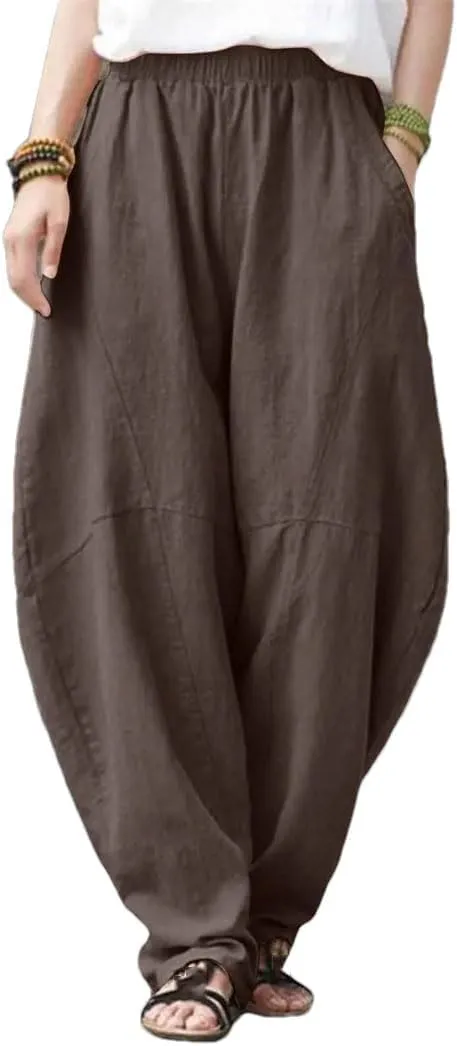 Womens Linen Harem Pants Elastic Waist Loose Fit Casual Solid Color Summer Harajuku Trousers