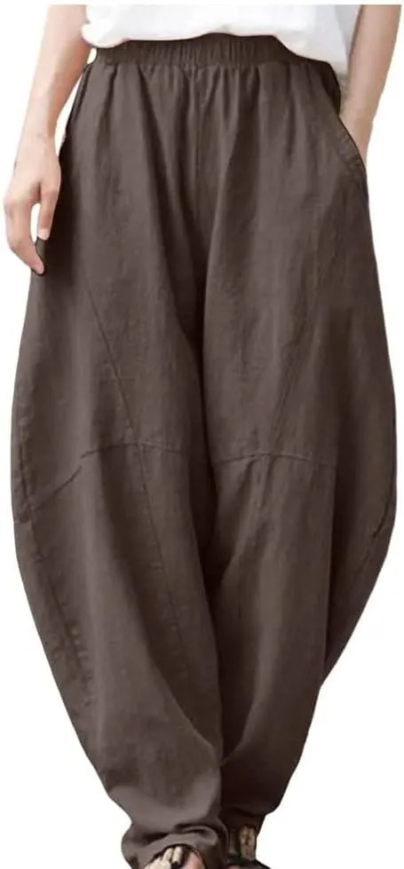 Womens Linen Harem Pants Elastic Waist Loose Fit Casual Solid Color Summer Harajuku Trousers