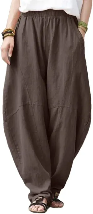 Womens Linen Harem Pants Elastic Waist Loose Fit Casual Solid Color Summer Harajuku Trousers