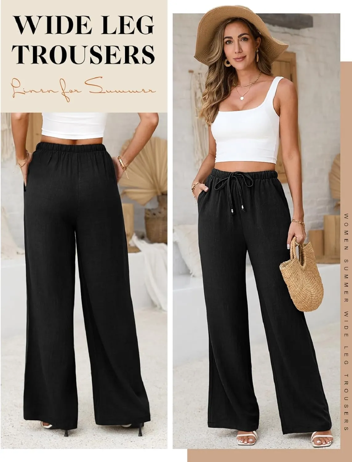 Womens Linen Pants High Waist Wide Leg Pant Casual Summer Palazzo Pants Loose Flowy Beach Trousers with Pockets
