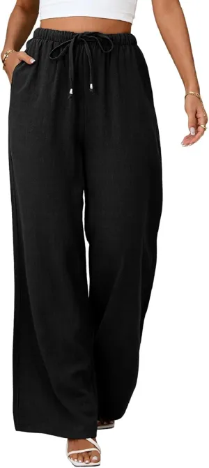 Womens Linen Pants High Waist Wide Leg Pant Casual Summer Palazzo Pants Loose Flowy Beach Trousers with Pockets