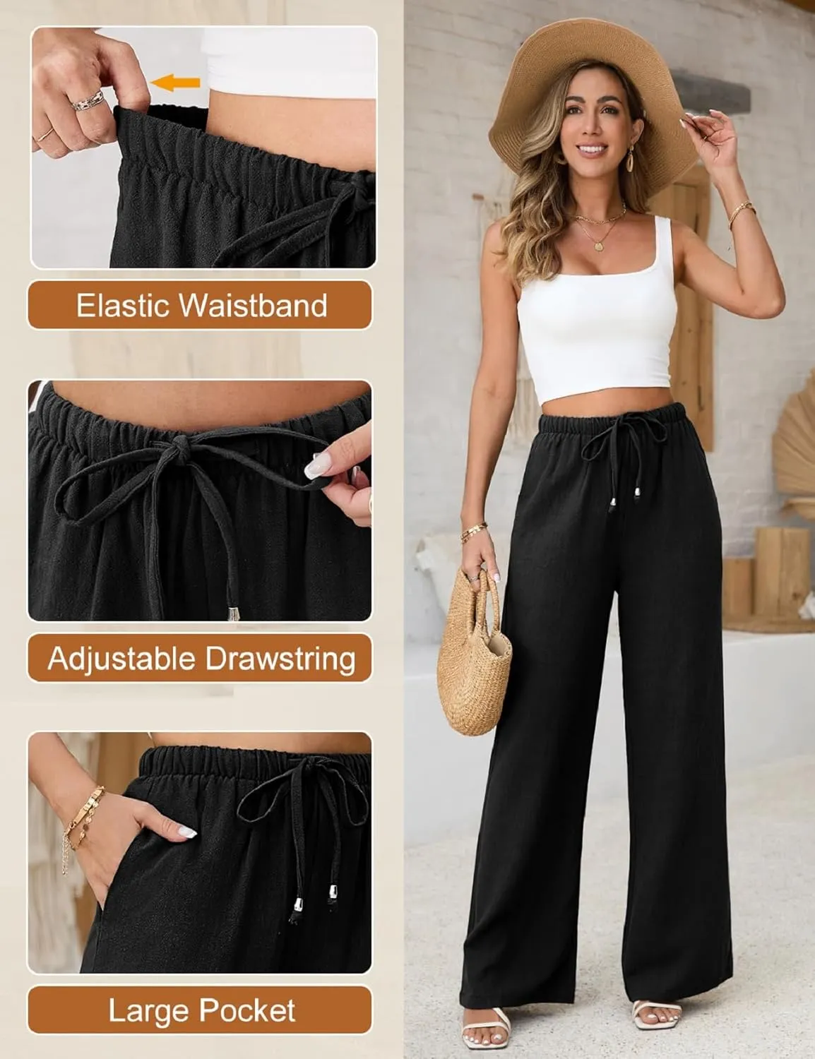 Womens Linen Pants High Waist Wide Leg Pant Casual Summer Palazzo Pants Loose Flowy Beach Trousers with Pockets