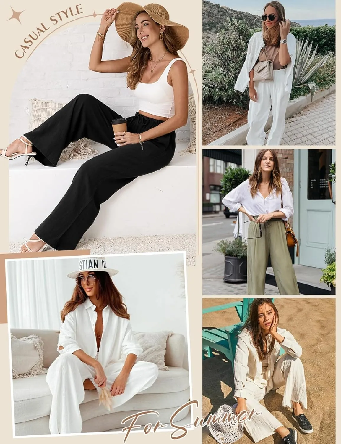 Womens Linen Pants High Waist Wide Leg Pant Casual Summer Palazzo Pants Loose Flowy Beach Trousers with Pockets