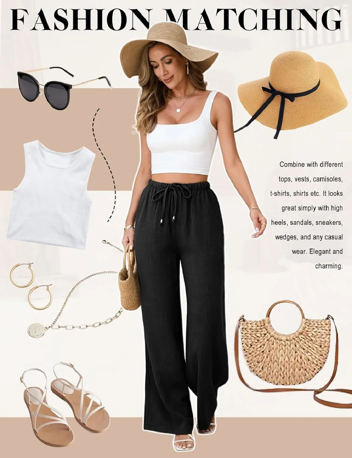 Womens Linen Pants High Waist Wide Leg Pant Casual Summer Palazzo Pants Loose Flowy Beach Trousers with Pockets