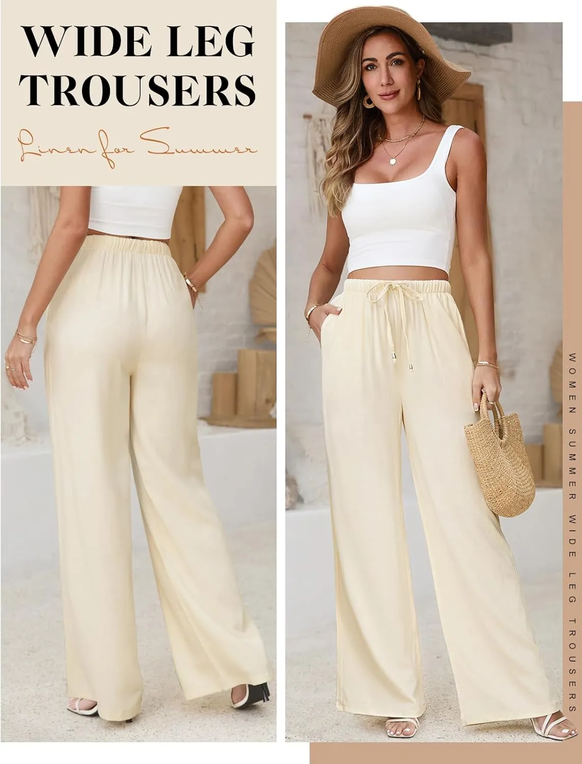 Womens Linen Pants High Waisted Wide Leg Trousers Summer Palazzo Casual Pant Flowy Drawstring Beach Pants