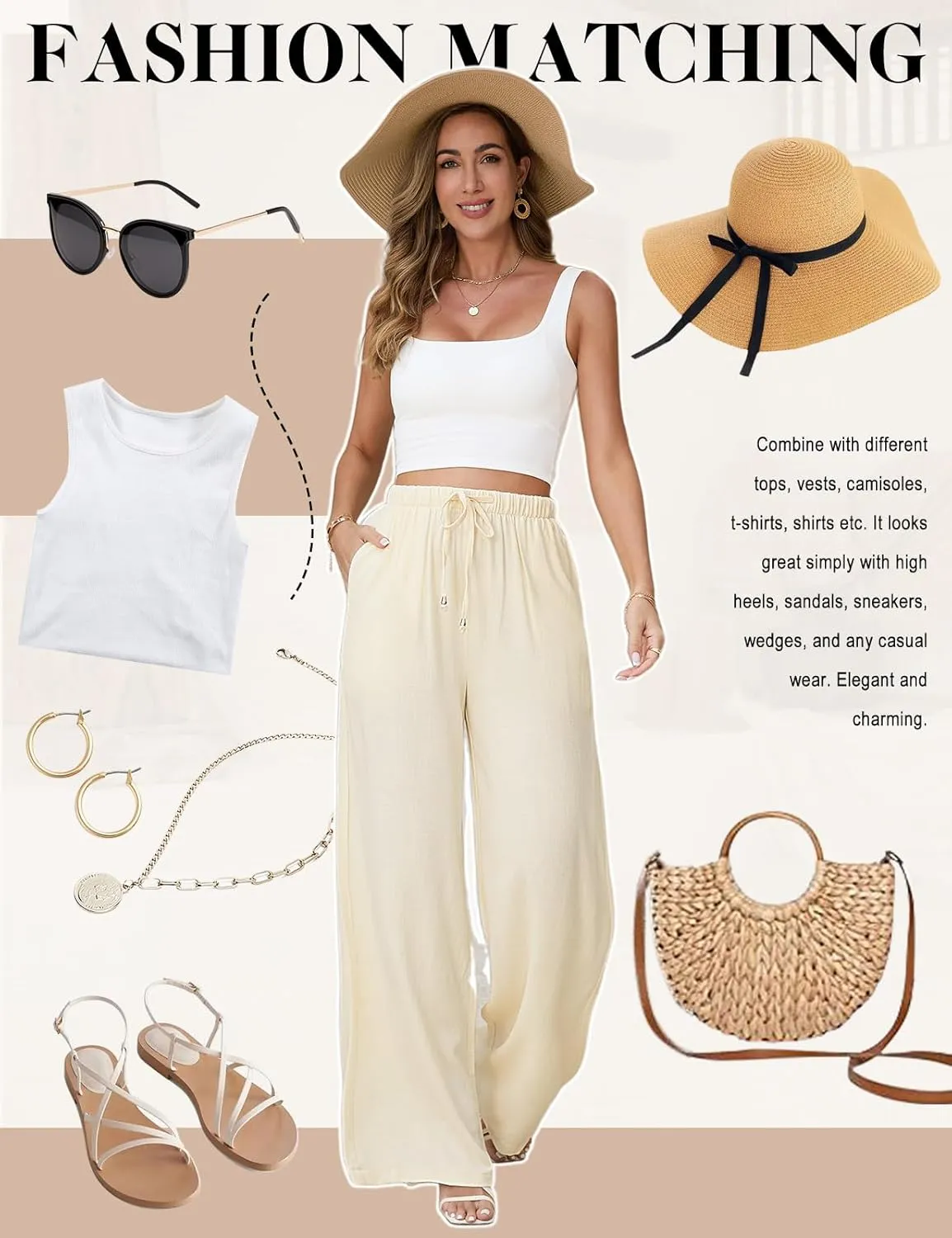 Womens Linen Pants High Waisted Wide Leg Trousers Summer Palazzo Casual Pant Flowy Drawstring Beach Pants
