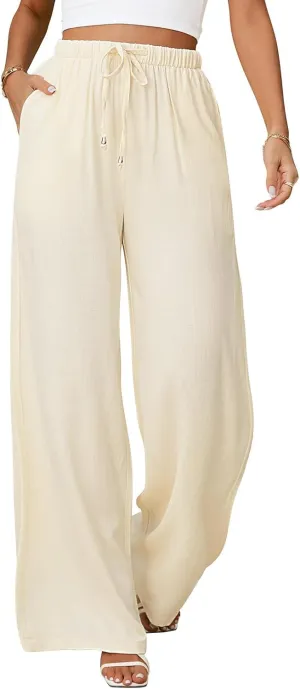 Womens Linen Pants High Waisted Wide Leg Trousers Summer Palazzo Casual Pant Flowy Drawstring Beach Pants