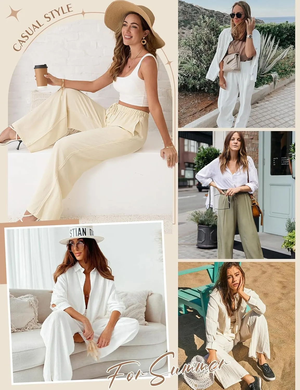 Womens Linen Pants High Waisted Wide Leg Trousers Summer Palazzo Casual Pant Flowy Drawstring Beach Pants